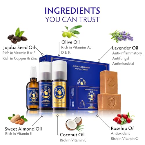 Ancient Greek Remedy Organic Spa Gift Set - Body Oil, Face Moisturizer, Foot Balm & 2 Soap Bars - Lavender Scented Skin Care Gift Basket for Women - Perfect for Christmas, Birthdays & Self Care