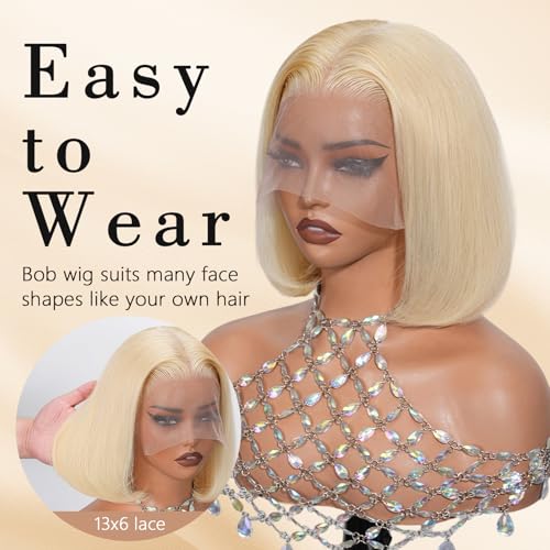 Blonde Bob Wig Human Hair 180 Density 613 Straight Bob Wig Pre Plucked With Baby Hair Brazilian Virgin 14 Inch 613 Bob Wig Human Hair 13x6 Lace Front Wig For Women Heat-Friendly For Coloring