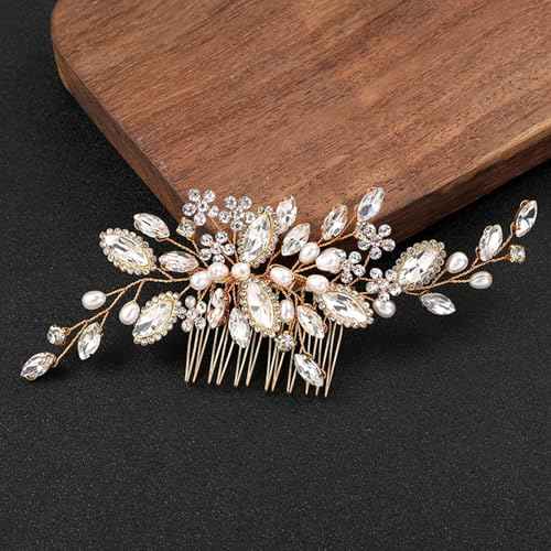 Women Girls Wedding Party Flower Pearl Hair Comb, Floral Crystal Bridal Hair Piece Side Combs Wedding Hair Pin Hair Accessories (Gold)