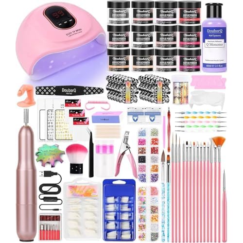 Acrylic Nail Art Kit-Nail Art Manicure Set Acrylic Powder Brush Glitter File French Tips U V Lamp Nail Art Decoration Tools Nail Drill kit for beginners with everything at home (White)