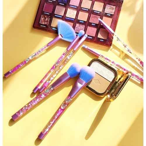 Unicorn Fan Makeup Brush Set,Crystal Sparkles Blue Blush Powder Fan Lip Eye Shadow Eyebrow Eye Blender Brush in Set