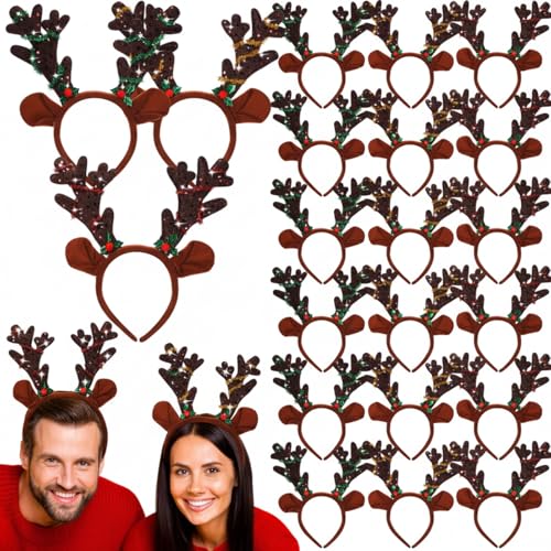 24 Pcs Christmas Reindeer Antlers Headband Bulk Sequined Reindeer Headwear Elk Headpiece for Xmas Party Costume Supply
