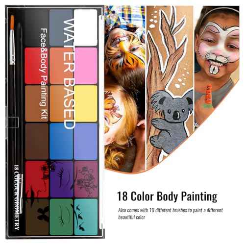 Face Painting Kit Non-toxic Body Paint Washable 18 Colors Facepaint Makeup Kit for Adults with 10 Face Paint Brushes for Halloween Party Cosplay Makeup (Color 001)
