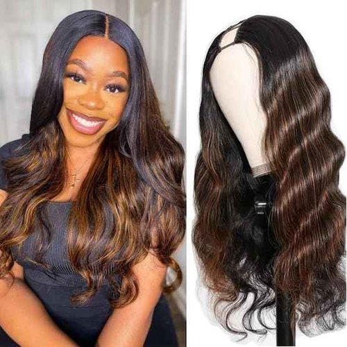draconenee V Part Wig Human Hair Body Wave 1B/30 Highlight Ombre Wigs for Black Women Wear and Go Glueless Human Hair Wig Upgrade U Part Wigs No Sew in No Glue Beginner Friendly 180% Density 20 inch