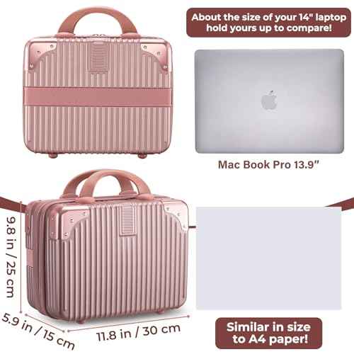 Noverlife 14 Inch Portable Makeup Travel Case Hand Luggage, Pressure-proof ABS Carrying Makeup Case Suitcase with Elastic Band, Small Hard Shell Cosmetic Case for Travel Camping Women Girl - Rose Gold