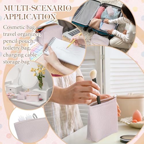 3 Pieces Seersucker Makeup Bag Set Cute Cosmetic Pouch for Women Travel Toiletry Bag Preppy Small Makeup Purse Pouch Aesthetic Skincare Brushes Storage Organizer for Women(Khaki)