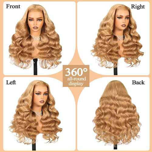 DliliBoon 180% Density 13x6 Ash Blonde Lace Frontal Wig Human Hair Honey Blonde Body Wave Lace Frontal Wigs Human Hair 27# Colored Lace Front Wigs For Women Pre Plucked (22inch)