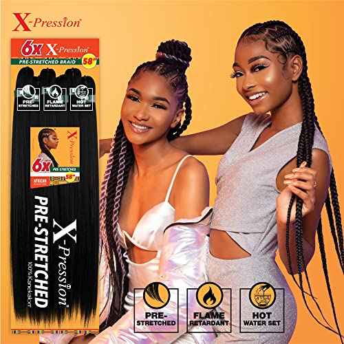 Sensationnel X-pression prestretched braiding hair - 6x braid 58 inch all kanekalon flame retardant synthetic braid for box braids and twists (1B OFFBLACK)