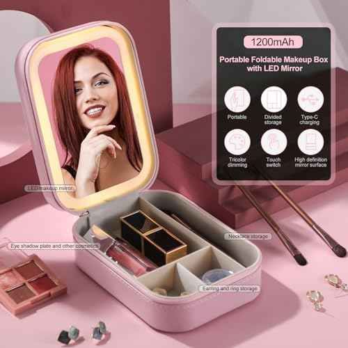 BS-MALL Travel Cosmetic Mirror Case LED Makeup Mirror Storage Case for Eyelash Station Brushes Cosmetic Tools Pink On-the-go Makeup Needs (Pink)