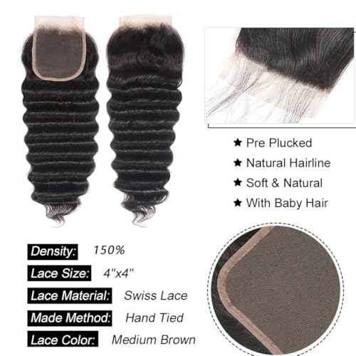 Loose Wave Human Hair Bundles with Closure(14 16 18+12 Inch,Free Part) Pre Plucked with Baby Hair 12A Unprocessed Loose Deep Wave Bundles with 4x4 Closure Human Hair