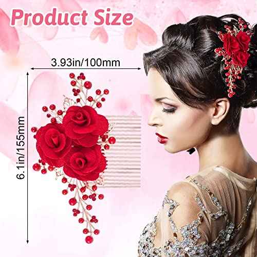 PAGOW Rose Flower Comb 6.1inch Red Hair Clip Bridal Girl Women Accessories Bride Headpiece Gift for Wedding Party Prom Chrismas Valentine's Day Long Thick Haiir