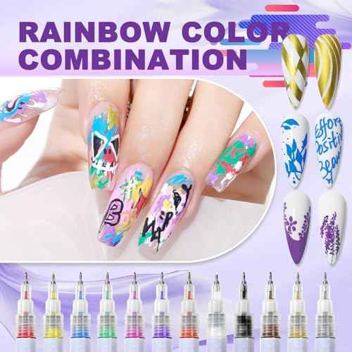 12 Color Nail Art Pens, 0.5 MM 3D Nail Polish Pens Set Drawing Painting Point Liner Acrylic Painted Pen Kit, Waterproof and Quick-drying Nail for DIY Nails Art Design Manicure Tools