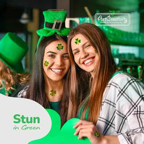 ArtCreativity St Patrick¡¯s Day Tattoos with Glitter - Set of 50 - Individual Temporary Shamrock Tattoos in 5 Designs - St. Patrick¡¯s Day Party Favors - St Patty¡¯s Accessories