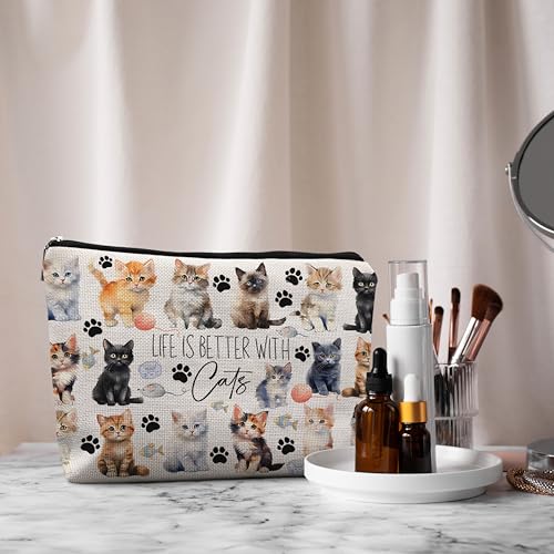 Life is Better with Cats Cosmetic Bag - Cute Cat Stuff, Makeup Bag & Toiletry Pouch for Cat Lovers