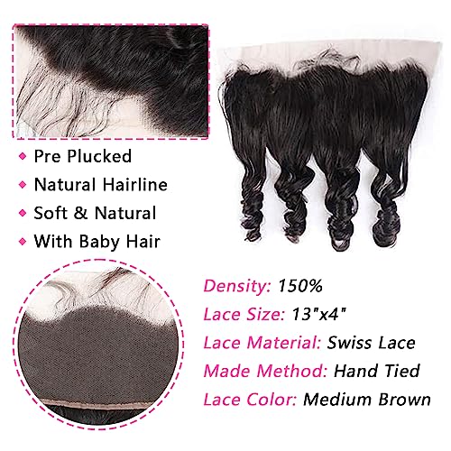 Loose Body Wave Bundles Human Hair with Frontal (14 16 18+12) 12A Grade 100% Body Wave Human Hair Extensions 13x4 Lace Frontal Human Hair 180% Density Natural Black