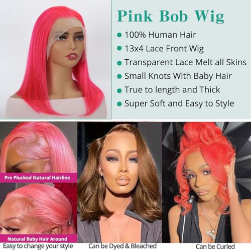 Pink Bob Wigs 13x4 HD Lace 100% Human Hair Front Wig Brazilian Unprocessed Virgin Human Hair Wigs Pre Plucked Natural Hairline Transparent Lace Pink Front Bob for Women (14")