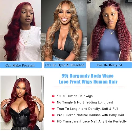 28 Inch 99j Burgundy Lace Front Wigs Human Hair Red Wig Burgundy Human Hair Wig Glueless Lace Front Wigs for Women 13x4 Body Wave Lace Front Wigs Pre Plucked 180% Density