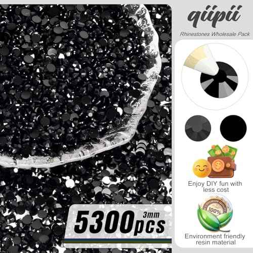 5300PCS 3mm Solid Black Resin Rhinestones for Crafting SS10 Pure Black Flat Back Jelly Resin Stones Bulk Non-Hotfix Diamonds Gems for Nails Face Eyes Makeup Tumblers Bottles DIY Crafts Decor