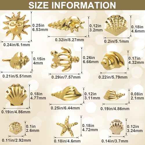 Ocean Theme Nail Art Charms, Sea Beach Starfish Seashell Nail Charm Decals, 3D Alloy Nail Gems Decoration Stickers for Manicure DIY Embellishments 12 Style- Gold