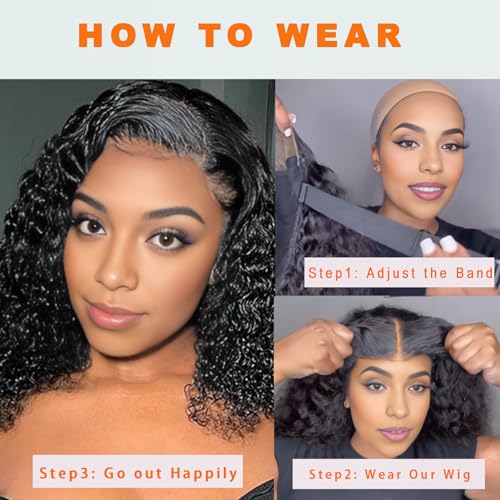 JCL Glueless Wigs Human Hair Pre Plucked Pre Cut 10 Inch Curly Human Hair Wig 4x4 HD Lace Closure Wigs Glueless Wear and Go Bob Wig Human Hair for Black Women Deep Wave Lace Front Wigs