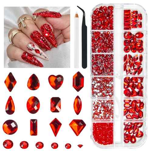 2052Pcs Red Nail Art Rhinestones Multi Shapes Crystal Flatback Rhinestones Gems Siam Red Round Beads K9 Glass Stones Diamonds Jewels Nail Art Supplies Charms for Nails Faces Eyes Makeup Crafts