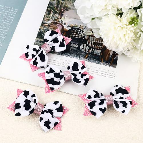 4Pcs Hair Bow Clips Cute Cow Print Hair Accessories for Women Girls Cow Print Birthday Party Ribbon Hair Decoration Gift Cowgirl Princess Cow Hair Barrettes for Little Kids Teens
