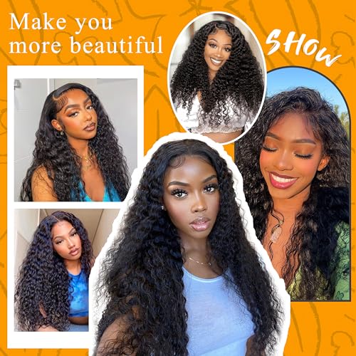 13x4 Deep Wave Lace Front Wigs Human Hair 200% Density Black Curly Human Hair Wig Short Natural Wigs for Black Women Transparent Lace Frontal Wig for Daily Wear 18 Inch