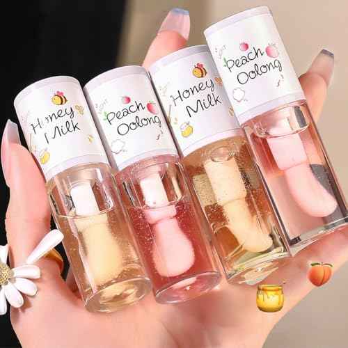 4PCS Hydrating Clear Lip Oil,Jelly Honey Lip Gloss Oil,Korean Big Brush Lip Oil,Long-lasting Moisturizing Nourishing Lip Balm,Plumping Lip Fresh Texture Clear Lip Gloss,Makeup Lip Care Tools