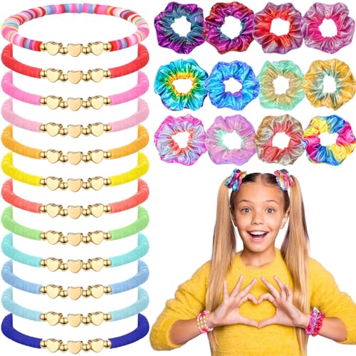 24 Pcs Preppy Friendship Bracelets for Teen Girls Clay Bead Bracelets and Shiny Metallic Hair Scrunchies Heart Surfer Friendship Bracelet Bulk Elastic Hair Ties for Girls Party Favor Gift