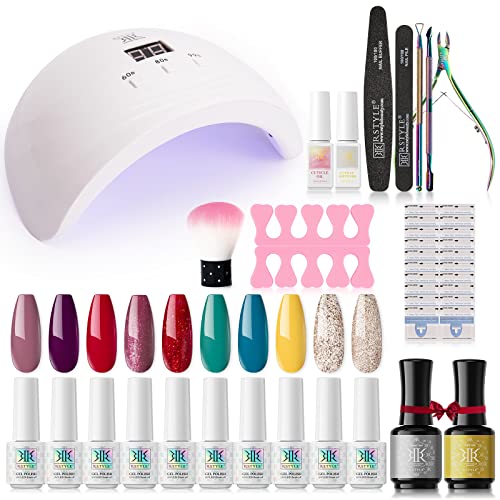 RSTYLE Gel Nail Polish Starter Kit with U V Light, 10 Colors Glitter Green Red Gold Yellow Gel Polish Kit with Base and Top Coat Manicure Tools for Home Nail Salon 5ML Tiny Bottle - Playful Life