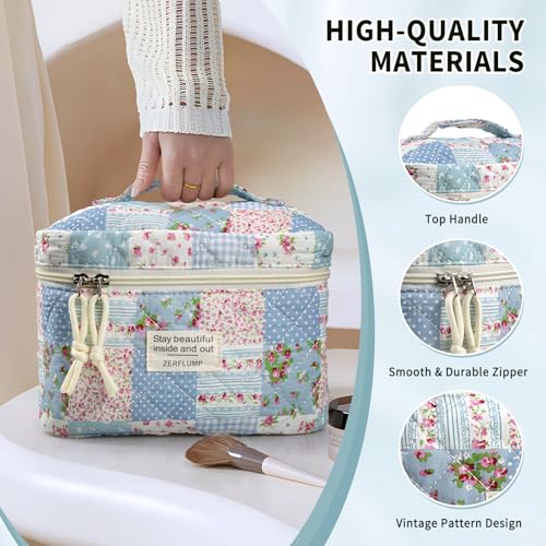 Cute Quilted Floral Makeup Bag(3Pcs)£¬Coquette Aesthetic Cosmetic Bag£¬Travel Toiletry Bags£¬ Kawaii Aesthetic pouch for Women (64-GridRose)