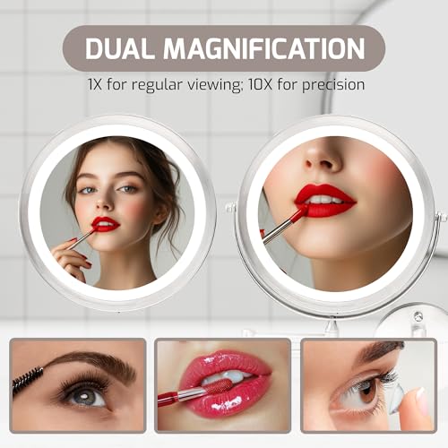 OVENTE Wall Mounted Lighted Makeup Mirror, 9" Double Sided 1X/10X Magnifying Vanity Mirror for Bathroom with LED Lights, Cordless, 360¡Æ Rotation and 13" Extendable Arm, Nickel Brushed MFW85BR1X10X