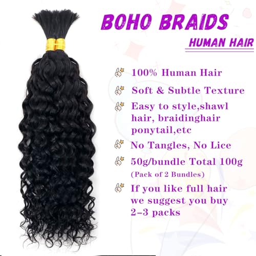 Forevermore Water Wave Bulk Human Hair No Weft boho Knotless Braids Human Hair 26 Inch Remy Human Hair For Braiding 2 Bundles Braids Per Pack 100g Micro Braiding Human Hair Wet and Wave Natural Color