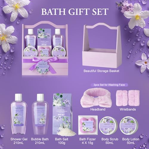 Bath and Body Gift Basket Set for Women - Jasmine Christmas Gifts for Women, Spa Gift Basket 13-Piece Bath Gift Set, Gift Set for Ladies Body & Bath Gifts Set Lavender Gift Baskets For Mom