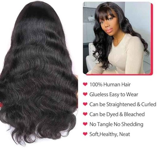 ROSELINE Body Wave Wigs with Bangs Human Hair Wigs for Black Women None Lace Front Wigs 150% Density Brazilian Virgin Hair Glueless Wig Natural Color 20inch