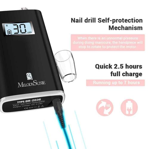 MelodySusie Professional Rechargeable 30000 RPM Nail Drill with Large Barrel Nail Buffer Bit