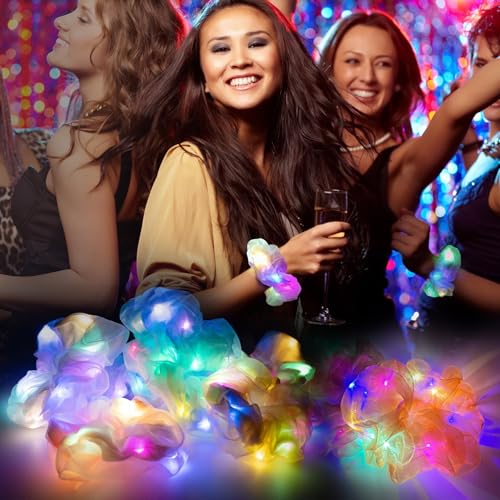 36Pcs Light Up Scrunchies, LED Double Layer of Fabric Hair Ties for Girls, Rave Neon Party Favors Hair Accessories for Women, Glow in The Dark Party Supplies for Birthday Halloween Christmas