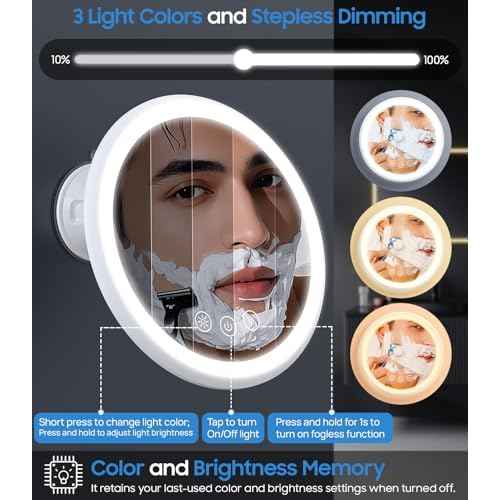 Gospire 3X Magnifying Heated Shower Mirror Fogless for Shaving, 5000mAh Battery, 360¡Æ Swivel & Magnetic Design, 8.3¡± Anti-Fog Shower Shaving Mirror with 3 Color Lights, Includes 2PCS Adhesive Hooks