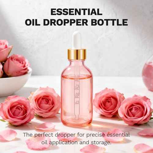 Bumobum 2 oz Dropper Bottle, Pink Glass Dropper Bottle with Measured Dropper & Golden Cap, Empty Eye Tincture Bottles with Funnel, Pipette & Labels for Essential Hair Oils Serums, 4 Pack
