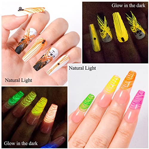 12 Colors Luminous Spider Gel, Glow In The Dark Spider Gel for Nail Art, Elastic Wire Drawing Gel for Line with Brush, Soak off UV LED Drawing Gel Nail Art Design Gel with Neon Fluorescent Effect