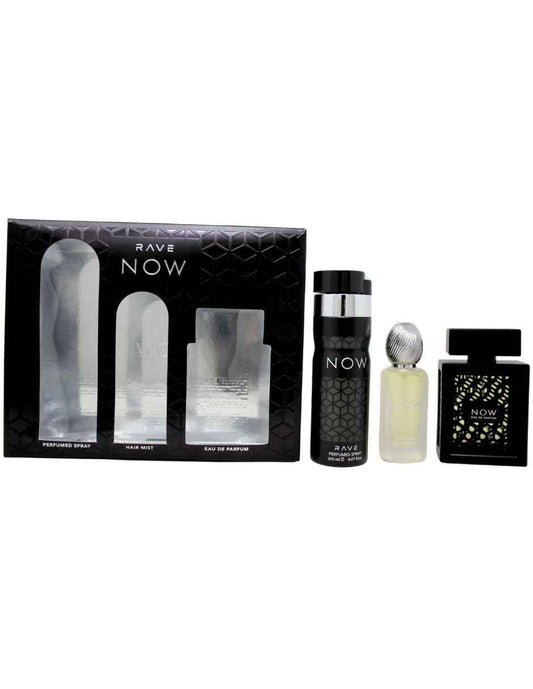 Lattafa Rave Now for Men 3 Piece Set (3.4 Oz Eau de Parfum Spray + 1.7 Oz Hair Mist + 6.7 Oz Deodorant Spray)