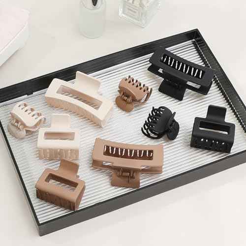Medium Claw Hair Clips Set for Women - 3 Styles, 9 pcs Rectangle Clips for Thick Hair, Square Clips for Thin Hair - Brown