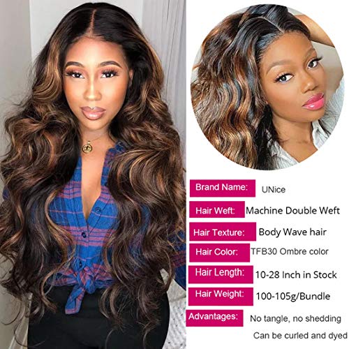 UNice Ombre Brown Highlight Body Wave Human Hair Weave 1 bundle 24 inch, Brazilian Remy Hair Dark Root Blonde Human Hair Weaves Extension Piano Color TFB30