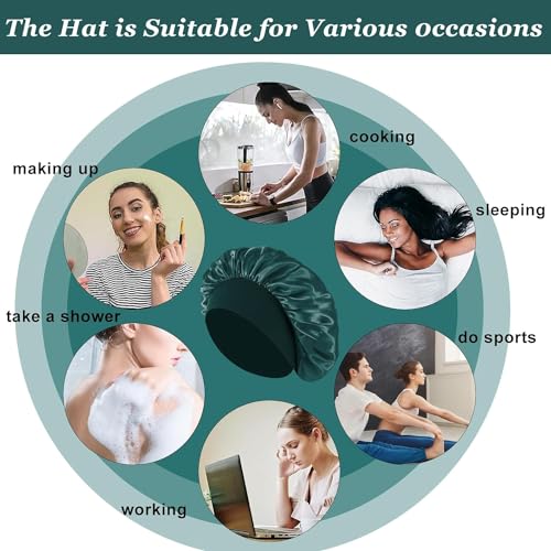 4PCS Silk Satin Bonnets for Black Women & Men - Elastic Wide Band Hair Wrap Cap for Curly Hair - Shower Cap for Sleeping (Black, Peacock Blue, Pink, Khaki)