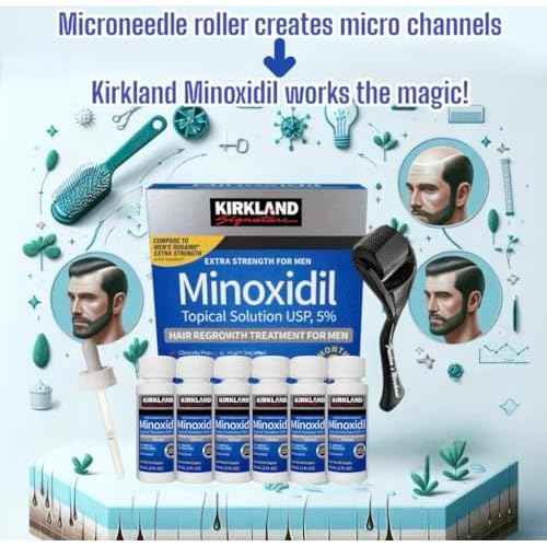 (6 Pack) Kirkland Minoxidil for Men Hair Regrowth Treatment, Liquid Extra Strength 5% Topical Solution, 6 Months Supply - Dropper Applicator and Microneedle Roller Included - Minoxidil Kirkland