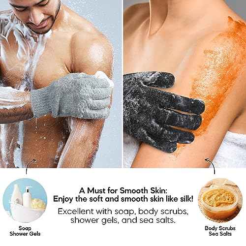 Exfoliating Gloves for Big Hands 8Pack- Lengthened and Large Double-Sided Shower Gloves(4Pairs/8Pcs) for Shower, Spa, Massage - Large Bath Gloves (4Pcs Black and 4Pcs Gray)