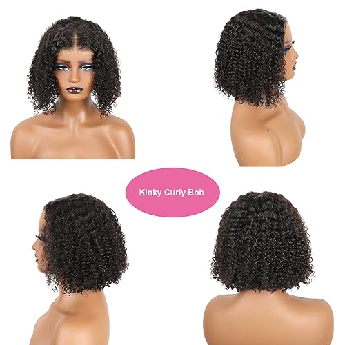BLY 6x4 HD Lace Glueless Bob Wig Human Hair Ready to Wear and Go Short Bob Lace Pre Cut Wig Afro Kinky Curly 4C Hair 16 Inch for Women Pre Plucked Natural Black Color