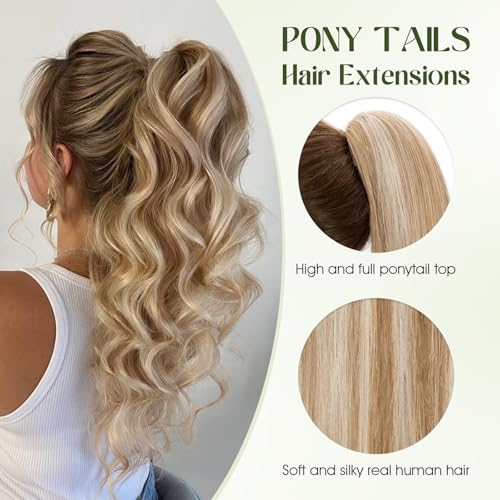 Ponytail Extension, 16 Inch Claw Clip Ponytail Extension Human Hair Long Straight Jaw Clip in Real Hair Pony Tails Hairpieces for Women Golden Brown & Bleach Blonde