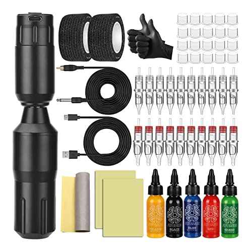 ATOMUS Tattoo Machine Kit Cordless 1300mAh Rechargeable Tattoo Power Supply Set with Rotary Tattoo Pen Machine 20pcs Tattoo Cartridge Needles 5pcs Tattoo Inks RCA Connector