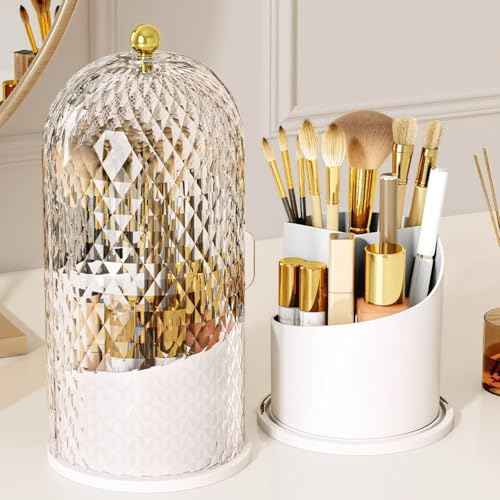 Makeup Brush Holder with Lid£¬Makeup Brush Storage Box with Diamond Pattern£¬360 Rotating Waterproof and Dustproof Beauty Brushes Storage for Vanity Bathroom,White